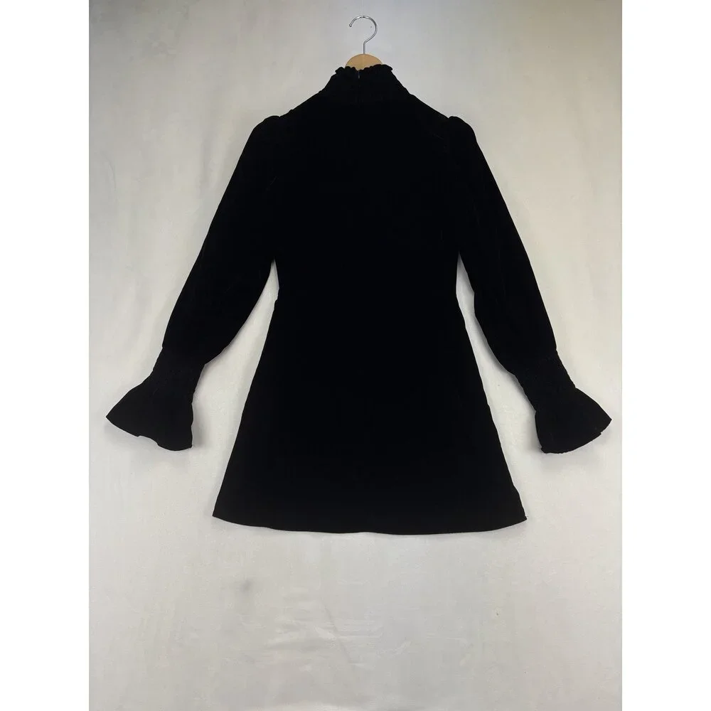 Zara Black Velvet High-Neck Smocked Cuff Long‎ Sleeve Dress XS